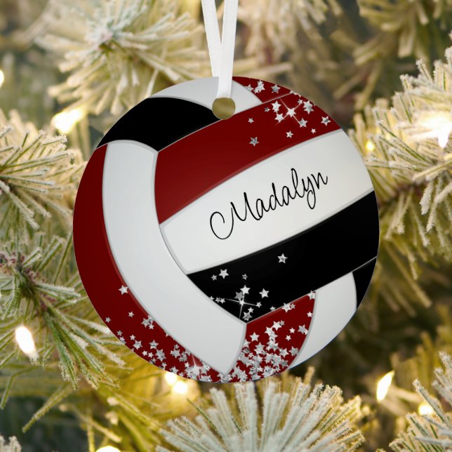 silver stars accent cute maroon black volleyball metal ornament (Insitu)