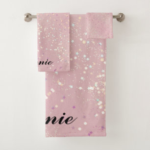 Silver Stars Aesthetic Glitter Pink Background Bath Towel Set
