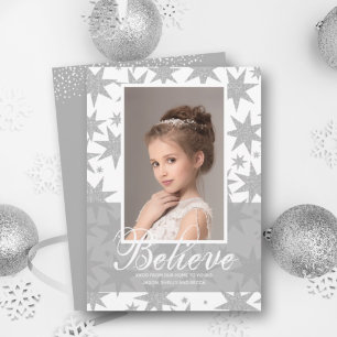 Silver Stars Believe Christmas Photo Holiday Card