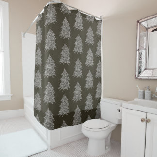 Silver Stars Black Christmas Tree Shower Curtains
