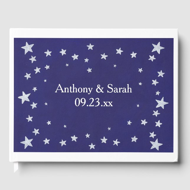 Silver Stars Border on Navy Blue Wedding Guestbook (Front)