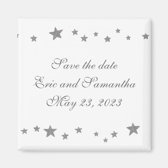 Silver stars border, Save the date wedding magnet (Front)