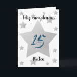 Silver Stars Boy Spanish Birthday Card<br><div class="desc">Personalized Feliz Cumpleaños card that features stars sprinkled across the front. You can easily personalize the big silver star with his age and name underneath the star. The inside card message can also be easily personalized if you wanted. The back of the Spanish birthday card has the year and Feliz...</div>