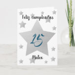 Silver Stars Boy Spanish Birthday Card<br><div class="desc">Personalized Feliz Cumpleaños card that features stars sprinkled across the front. You can easily personalize the big silver star with his age and name underneath the star. The inside card message can also be easily personalized if you wanted. The back of the Spanish birthday card has the year and Feliz...</div>