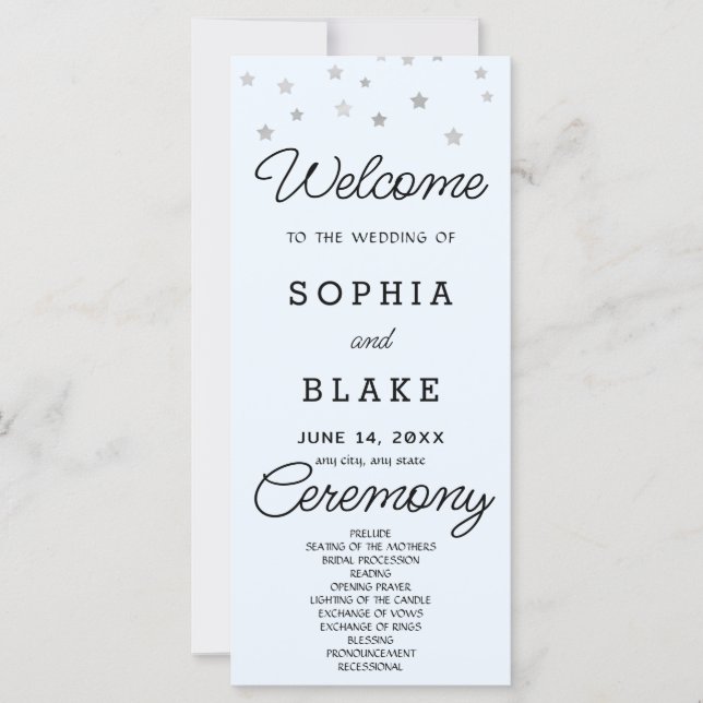 Silver Stars Celestial Light Blue Wedding Program (Front)