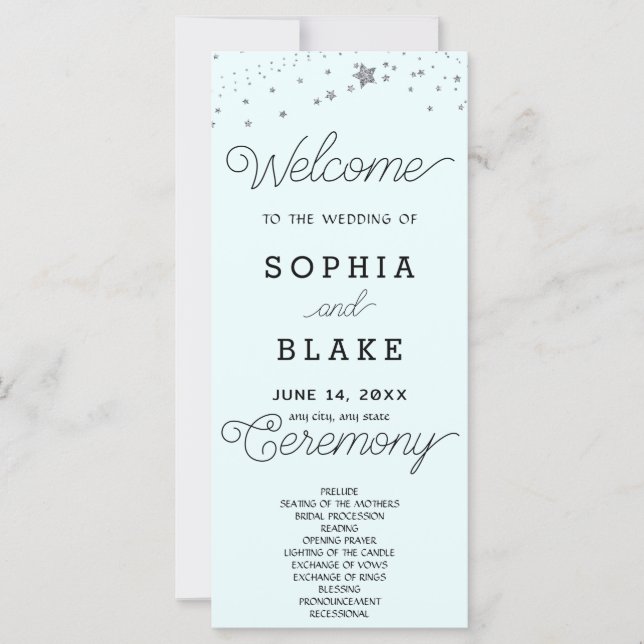 Silver Stars Celestial Light Blue Wedding Program (Front)