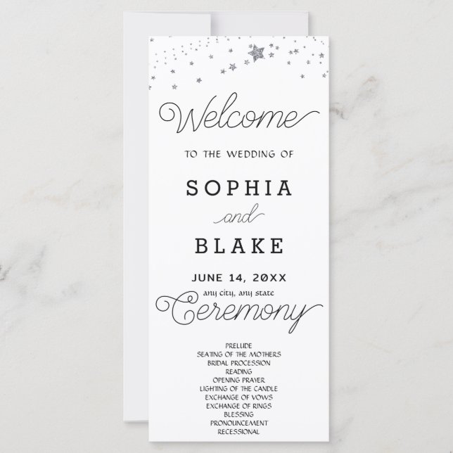 Silver Stars Celestial White Wedding Program (Front)