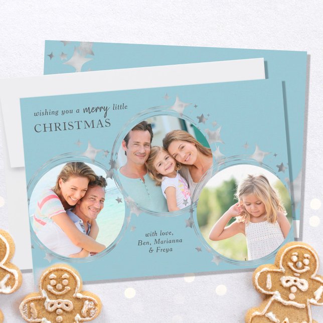 Silver Stars Christmas Photo Trio Pastel Blue Holiday Card (Creator Uploaded)