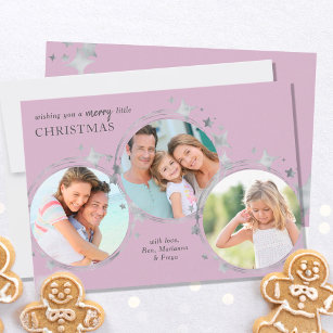 Silver Stars Christmas Photo Trio Pastel Pink Holiday Card
