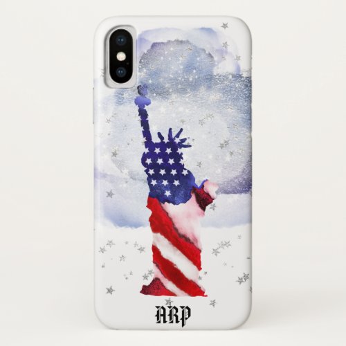  Silver Stars Clouds Statue of Liberty USA Flag iPhone XS Case