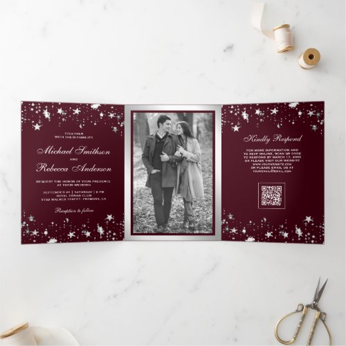 Silver Stars Confetti Burgundy QR Code Wedding Tri-Fold Invitation