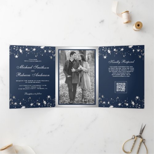 Silver Stars Confetti Navy Blue QR Code Wedding Tri-Fold Invitation