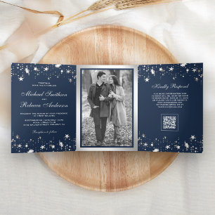 Silver Stars Confetti Navy Blue QR Code Wedding Tri-Fold Invitation