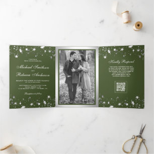 Silver Stars Confetti Olive Green QR Code Wedding Tri-Fold Invitation