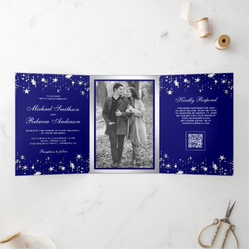 Silver Stars Confetti Royal Blue QR Code Wedding Tri-Fold Invitation