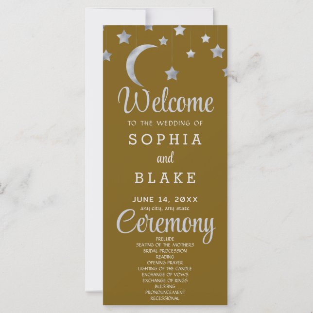 Silver Stars Crescent Moon Gold Wedding Program (Front)