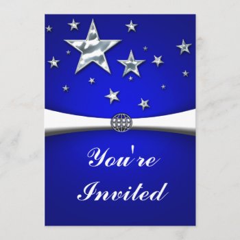Silver Stars Dark Blue Party Invitation by sagart1952 at Zazzle