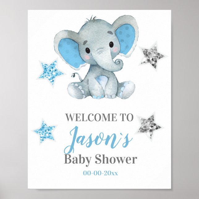 Silver stars Elephant Welcome Sign, Boy Shower Poster (Front)