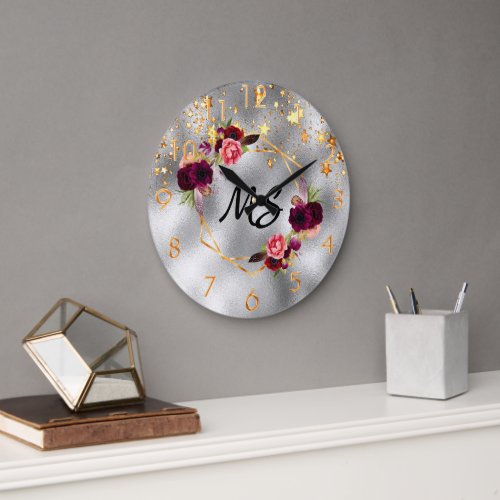 Silver Stars flowers burgundy monogram Large Clock