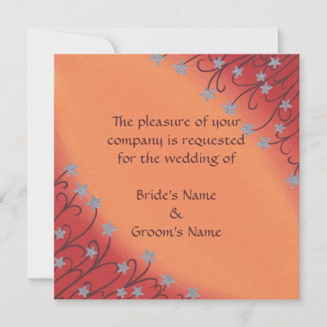 Silver Stars Flowers on Orange Wedding Invitations (Front)