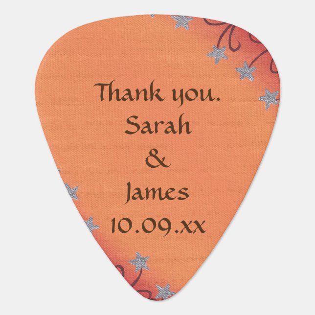 Silver Stars Flowers Orange Blends Wedding Favors Guitar Pick (Front)