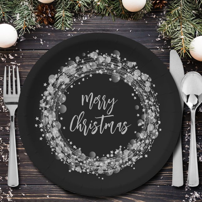 Silver Stars Merry Christmas Paper Plates (Silver Stars Merry Christmas on Black Paper Plates)