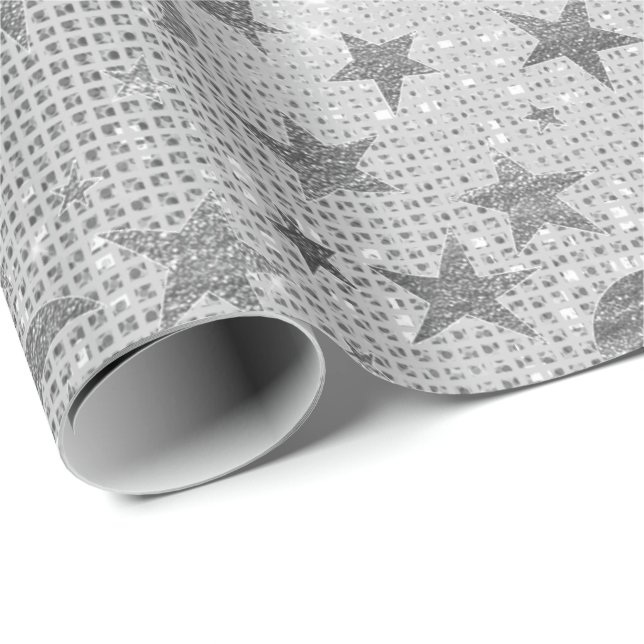 Silver Stars Moon Celestial Sky Sequin Gray VIP Wrapping Paper (Roll Corner)
