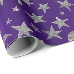 Silver Stars Moon Sky Metallic Purple Amethyst Wrapping Paper