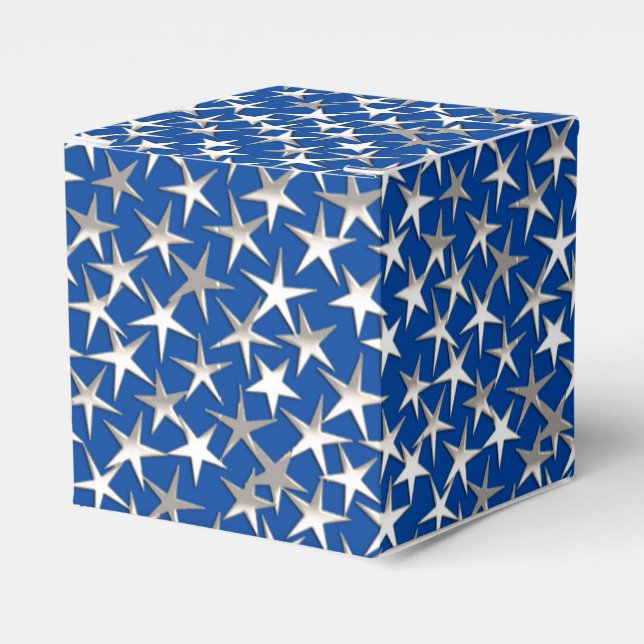 Silver stars on cobalt blue favor boxes (Front Side)