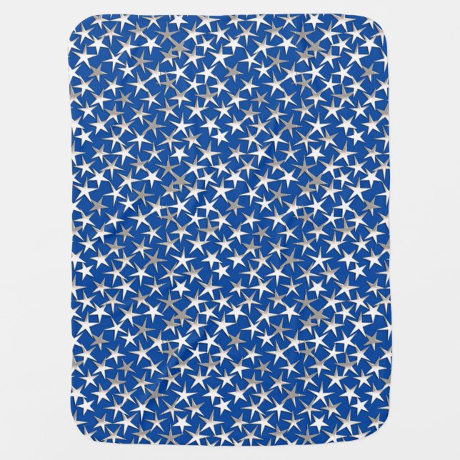 Silver stars on cobalt blue stroller blanket (Front)