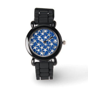 Silver stars on cobalt blue watch