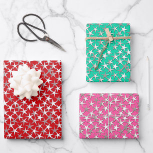 Silver Stars on Dark Red, Aqua and Fuchsia Pink Wrapping Paper Sheets