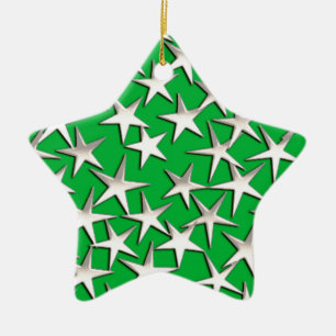 Silver stars on emerald green ceramic ornament