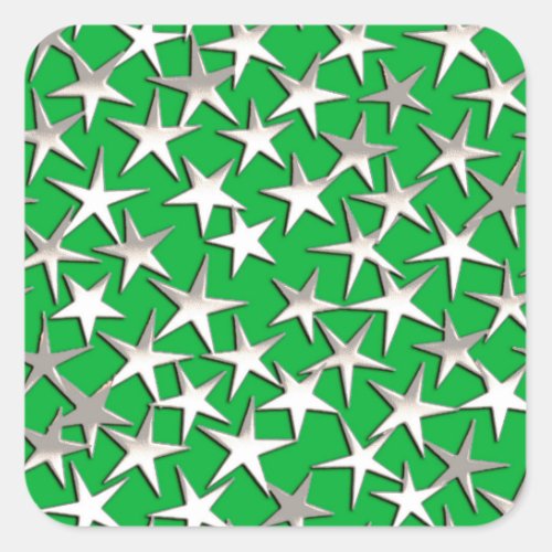 Silver stars on emerald green square sticker