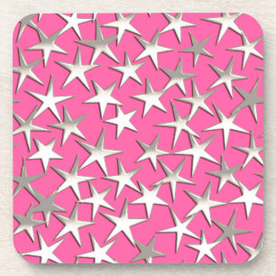 Silver stars on fuchsia pink beverage coaster