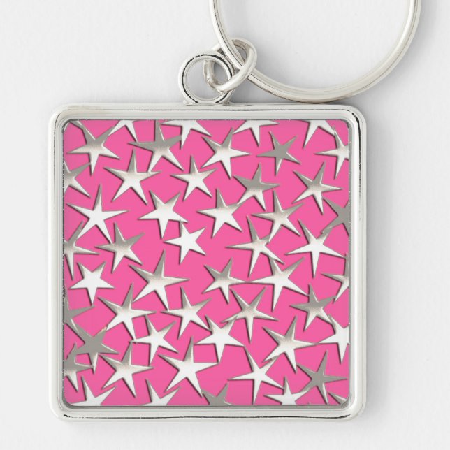 Silver stars on fuchsia pink keychain (Front)