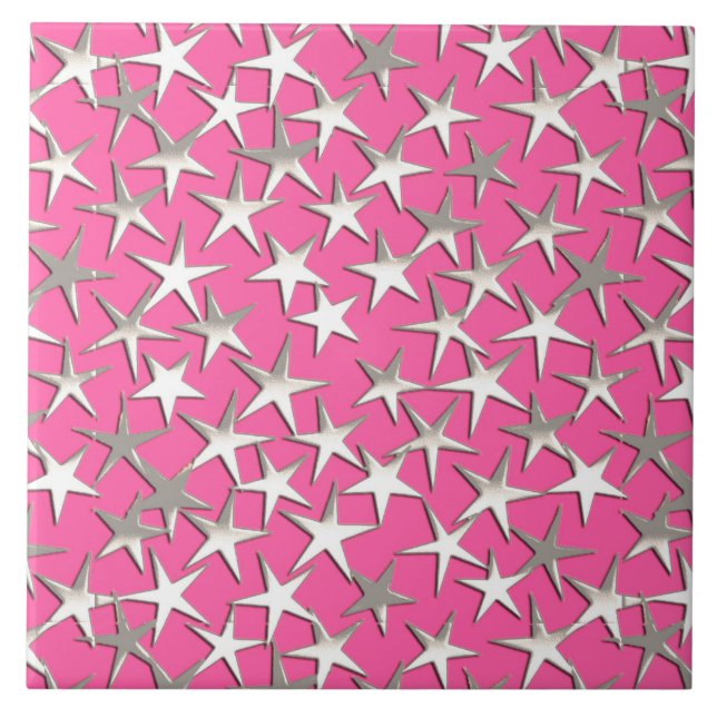 Silver stars on fuchsia pink tile (Front)