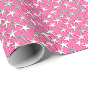 Silver stars on fuchsia pink wrapping paper