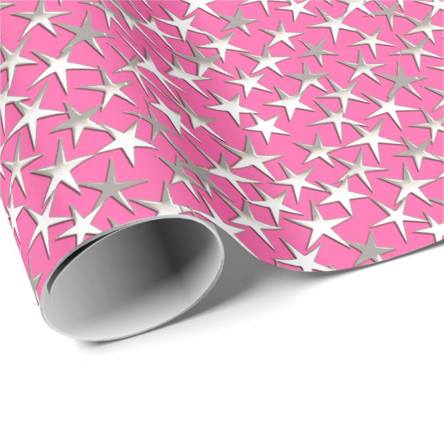 Silver stars on fuchsia pink wrapping paper (Roll Corner)