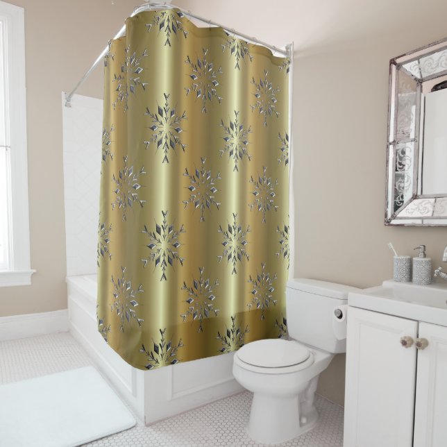 Silver Stars On Gold Christmas Shower Curtain (In Situ)