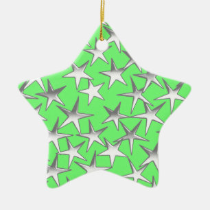 Silver stars, on lime green ceramic ornament