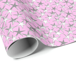 Silver stars, on orchid pink wrapping paper