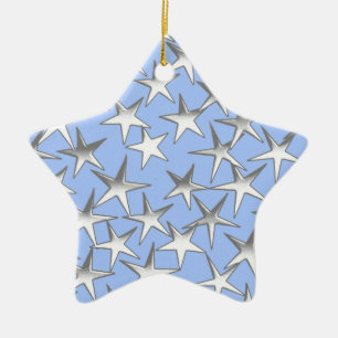 Silver stars, on pale blue ceramic ornament