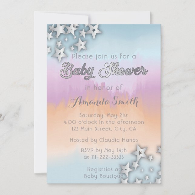 Silver Stars On Pastel Ombre Baby Shower Invitation (Front)