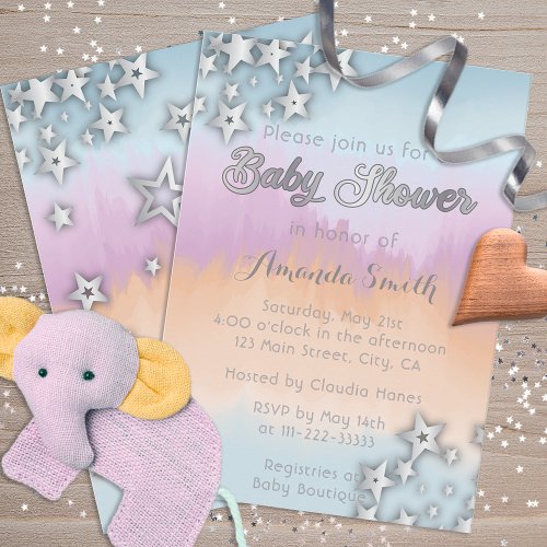 Silver Stars On Pastel Ombre Baby Shower Invitation