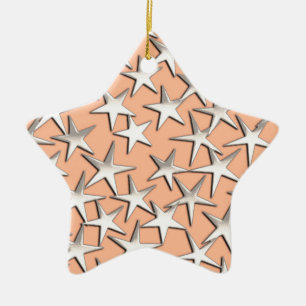 Silver stars on peach pink ceramic ornament