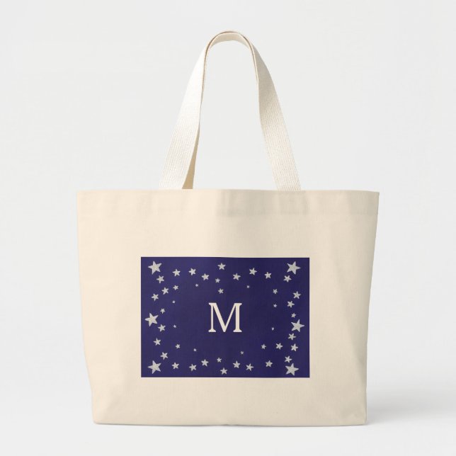 Silver Stars on Royal Navy Blue Monogram Tote Bags (Front)