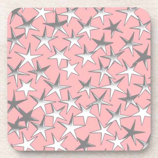 Silver stars, on shell pink beverage coaster (Front)