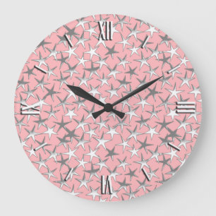 Silver stars, on shell pink large clock