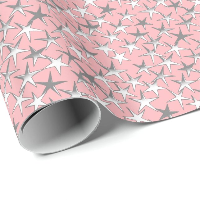 Silver stars, on shell pink wrapping paper (Roll Corner)